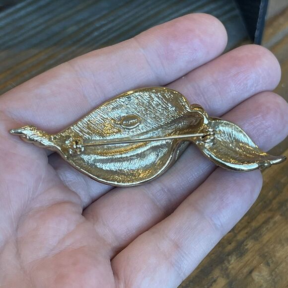 Vintage GEM CRAFT Brooch Pin Mid Century Rhinestones Extra Large Curved Leaf - Picture 3 of 11